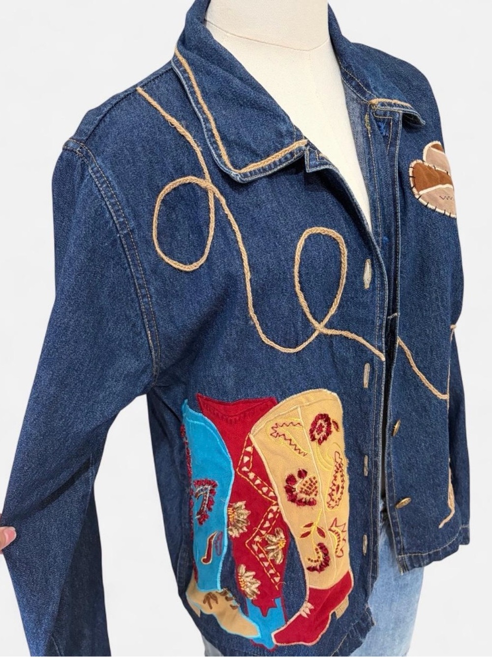 Embroidered Dark Blue Denim Shirt Jacket with Western Appliqué - Picture 4 of 6